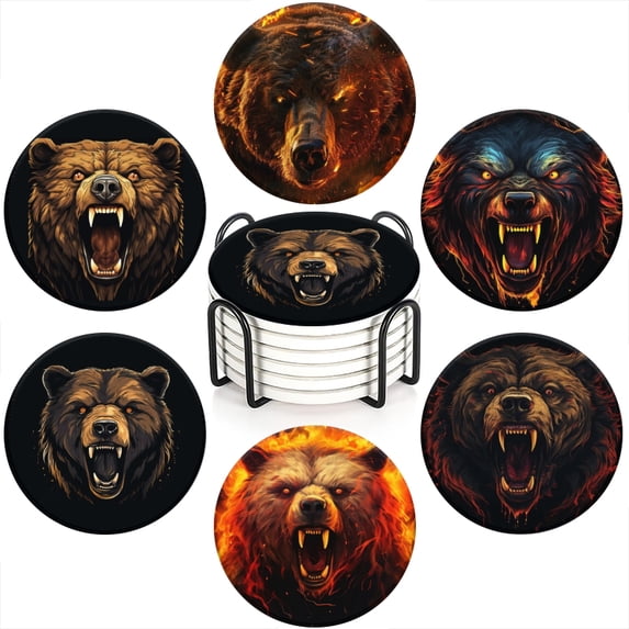 Ceramic Coasters Set of 6 with Holder, Bear Round Drink Coasters for ...