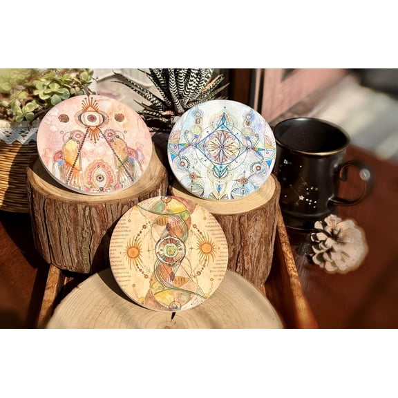 Ceramic Coasters Set of 3, 3.95 Inch Absorbent Stone Drink Coasters with Non-Slip Cork Backing, Boho Mandala Coasters