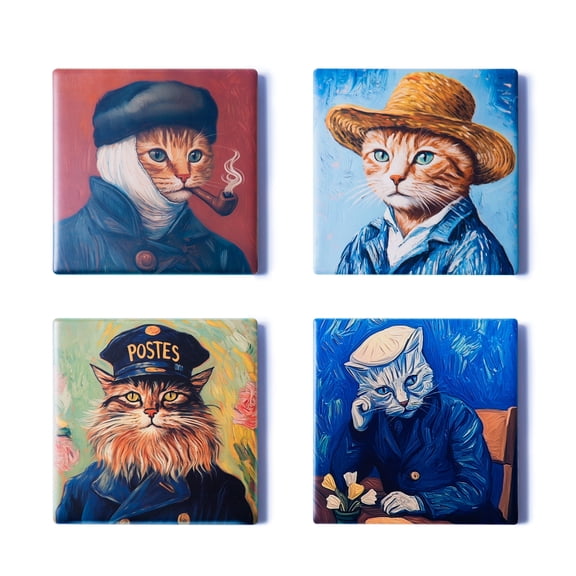 Ceramic Coasters Set of 4 – Starry Cats Art Drink Coasters with Cork Backing, 3.9 in