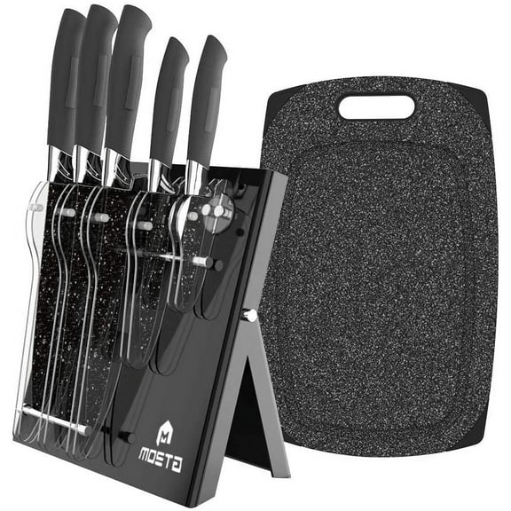 Ceramic Coated Knife Block Set with 5Pc Kitchen Knives, Chef Knife, Bread Knife, Slicing Knife, Utility Knife, Paring Knife, Acrylic Stand, Cutting Board