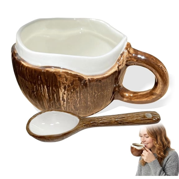 Ceramic Coconut Mug, 12oz Coconut Shell Cup with Spoon, Rustic Style Ceramic Bowl For Coffee Tea Hot Chocolate Oatmeal(Q)