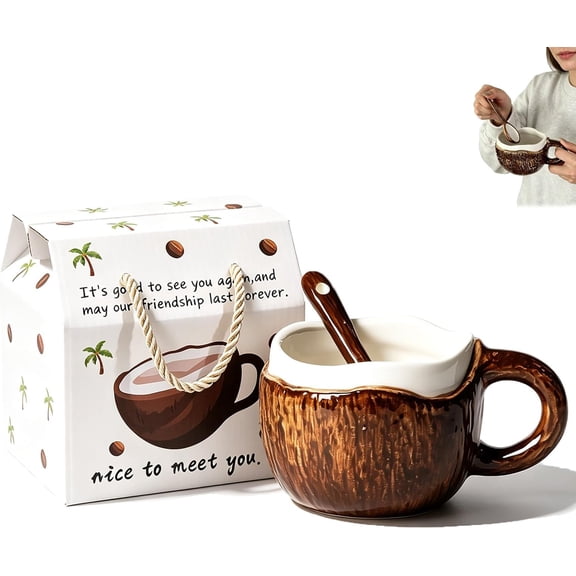 Ceramic Coconut Mug with Spoon, Novelty Coffee Cup for Oatmeal Cocoa, Tiki Bar Cocktail Tumbler, Kitchen Home Decor Coffee Mug, Brown (k)