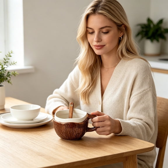 Ceramic Coconut Shaped Mug,Creative Ceramic Coffee Cup,for Tea,Oatmeal,Hot Chocolate,Fun Gift Mug for Home or Office