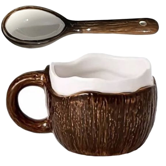 Ceramic Coconuts Shell Shape Coffee Mug With Spoon Vacation Design Kitchen Drinking Cup For Home Office Use Drinkware