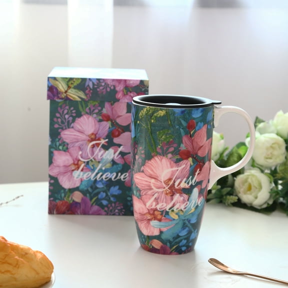 Ceramic Coffee Cup Tall Ceramic Mug 17 oz. with Lid and Color Box. Just Believe