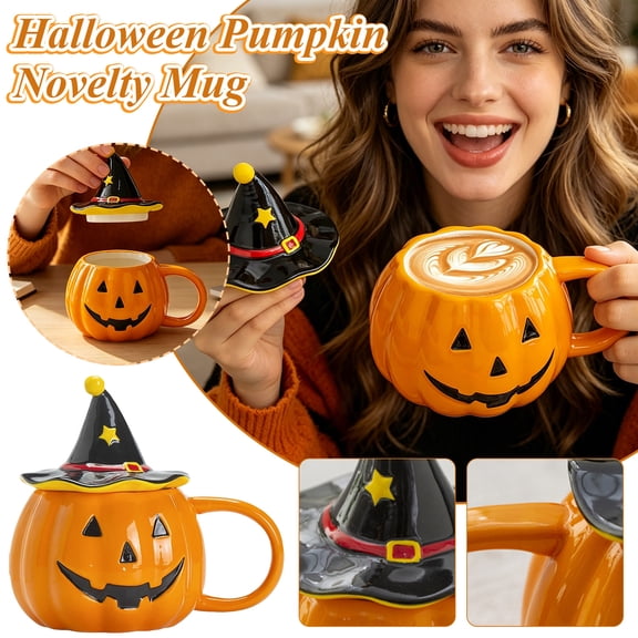 Ceramic Coffee Cup, Whimsical Sculpted Halloween Witch Accent Pumpkin Coffee Mug, Decorative Jack-O-Lantern Shaped Drinking Cup, for Holiday Morning Routine and Halloween Themed