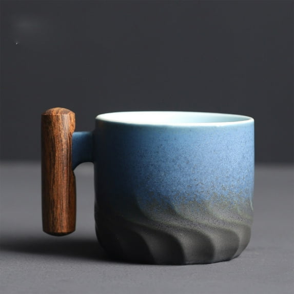 Ceramic Coffee Cup with Wooden Handle and Gradient Glaze for Hot or Cold Drinks - Microwave and Dishwasher Safe, Elegant Design, and Lead-Free Material