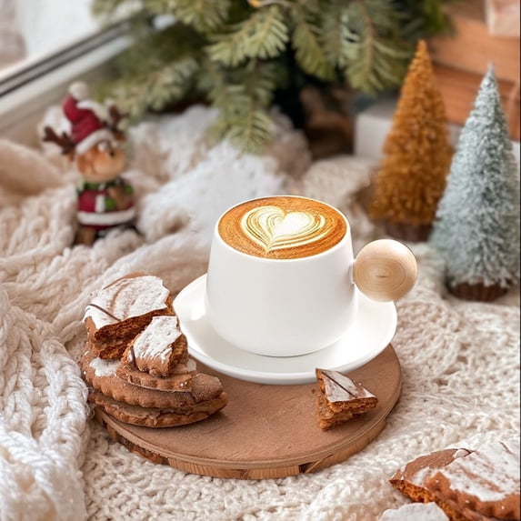 Ceramic Coffee Cup and Saucer Set, Designer Hexagonal Mug with Wooden Handle and Lid, 15.2oz, Modern Exquisite Gift, Multiple Colors