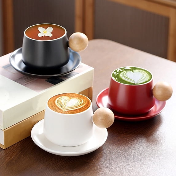 Ceramic Coffee Cup and Saucer Set, Designer Hexagonal Mug with Wooden Handle and Lid, 15.2oz, Modern Exquisite Gift, Multiple Colors