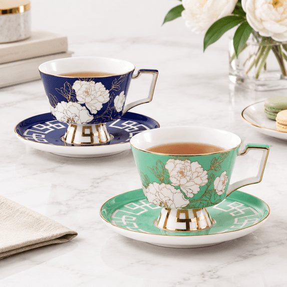 Ceramic Coffee Cup and Saucer Set of 2, National Colors (Green + Blue ...
