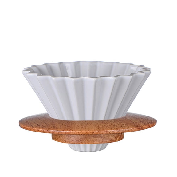Ceramic Coffee Dripper Pour Over Coffee Maker with Wood Stand Elegant Flower Shape Filter,Slow Brewing Maker for Home Cafe