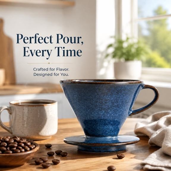 Ceramic Coffee Dripper , V60 Cone-Shaped Pour-Over Filter, High-Temperature Fired with Blue Glaze,Large