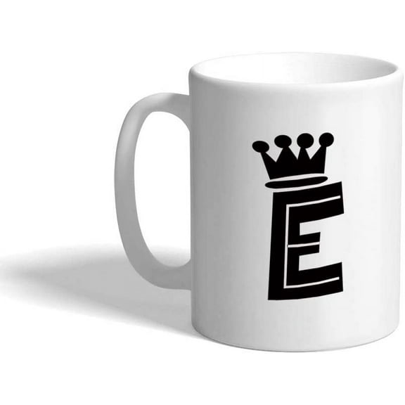 Ceramic Coffee Mug 11 Ounces"E" Crown Initial Monogram Letter E White Tea Cup Design Only