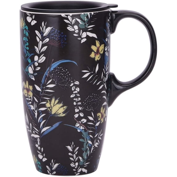 Ceramic Coffee Mug, 17 oz Large Capacity Travel Coffee Cup with Lid & Handle for Men Women Home and Office Work, Microwave and Dishwasher Safe, 6.5" H Black Flower Mug