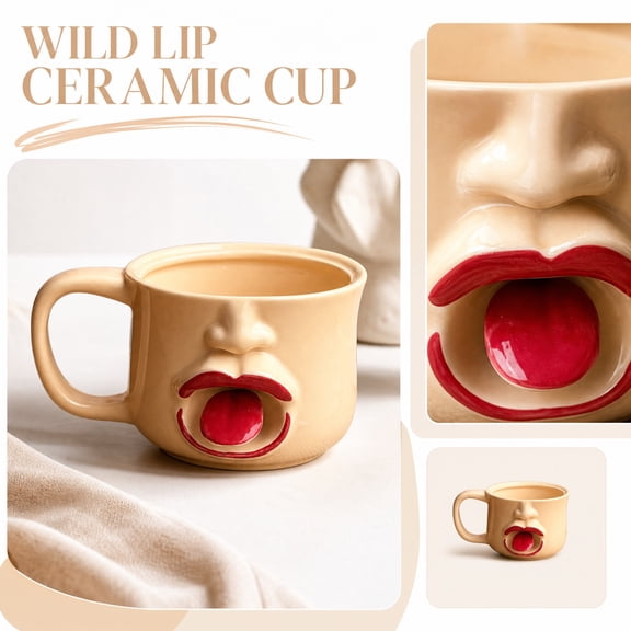 Ceramic Coffee Mug, 3D Face Mug, Embossed Facial Features, Red Lips Design, 3.5X2.75 in Coffee Mug with Handle, Smooth Wide Rim for Daily Hot Coffee Tea Drinking, Fits Seamlessly