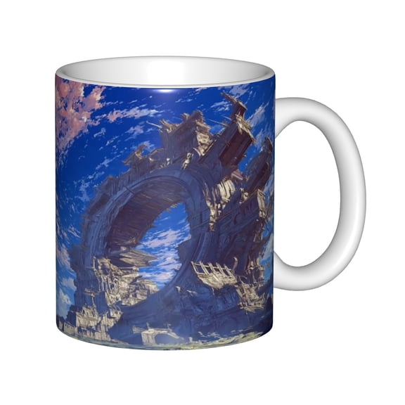 Ceramic Coffee Mug, Ancient Ruined Arch Fantasy Landscape with Pink Cloud Sky, Anime Style Adventure Scene Art Tea Cup