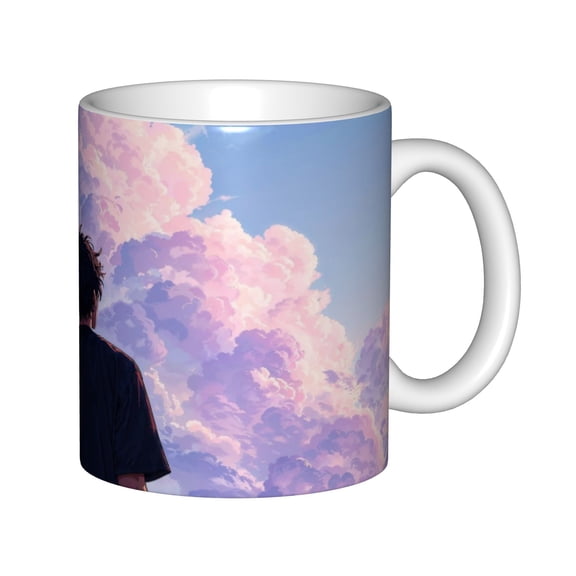 Ceramic Coffee Mug, Anime Boy Back View Dreamy Pastel Cloud Sky Art, Aesthetic Cool Graphic Tea Cup for Daily Drinking