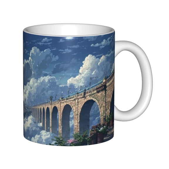Ceramic Coffee Mug, Anime Fantasy Cloud City with Stone Arch Bridge, Dreamy Sky Kingdom Landscape Art Tea Cup
