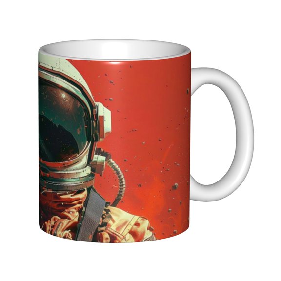Ceramic Coffee Mug, Astronaut Helmet with Space Reflection on Red Background, Sci-Fi Outer Space Art Tea Cup for Astronomy Fans