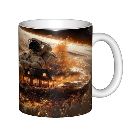 Ceramic Coffee Mug, Astronaut with Tiny House in Golden Space, Cosmic Fantasy Sci-Fi Art Tea Cup for Space Lovers
