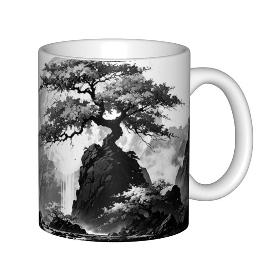 Ceramic Coffee Mug, Black & White Oriental Landscape with Moon & Waterfall, Ink Wash Pine Tree Mountain Art Tea Cup for Asian Art Fans