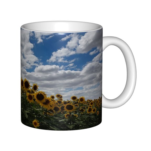 Ceramic Coffee Mug, Bright Sunflower Field Under Blue Sky with White Clouds, Summer Floral Landscape Tea Mug