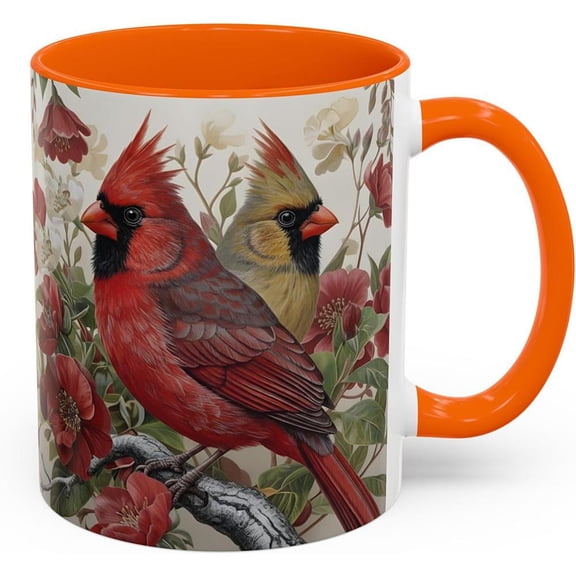 Ceramic Coffee Mug with Cardinal Bird Print Cup with Handle, Beautiful Red and Yellow Redbird with Floral Background, Tea Cup for Bird Lovers Daily Use Gift