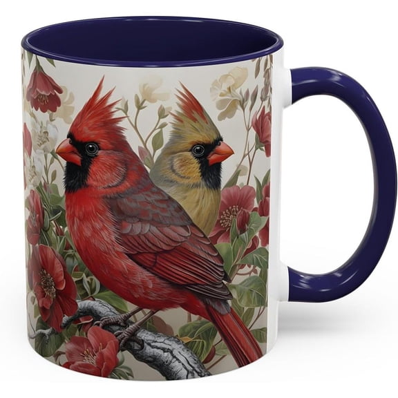 Ceramic Coffee Mug with Cardinal Bird Print Cup with Handle, Beautiful Red and Yellow Redbird with Floral Background, Tea Cup for Bird Lovers Daily Use Gift