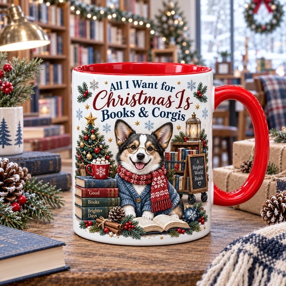 Ceramic Coffee Mug Christmas Corgi Book Lover Gift for Librarians