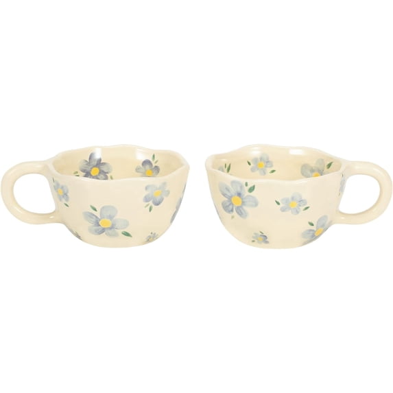 Koythin Cute Flower Ceramic Coffee Mug 8.5 oz for Latte Tea Milk ( Blue Flower,2PCS)