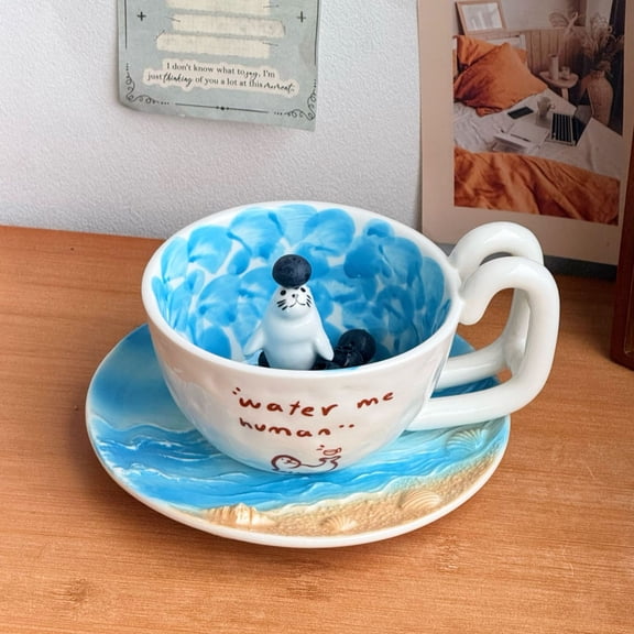 Ceramic Coffee Mug, Cute 3D Pool Swimming Seal Figurine Mug, 6X3 Inch Hand-Painted Ceramic Mug, Cute Desk Decor for Home Office, 1Pc Novelty Water Cup with Raised Double Handle