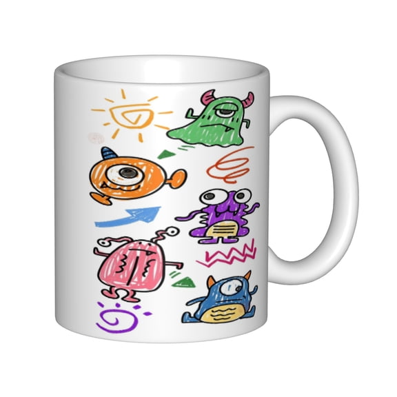 Ceramic Coffee Mug, Cute Colorful Doodle Monster Set, Playful Cartoon Alien Creature Kids Art Tea Cup for Children