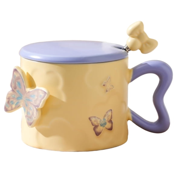 Ceramic Coffee Mug, Dingrich 13.5oz Cute Butterfly Tea Cup with Lid and Spoon, 3D Butterfly Drinking Cup for Home Office, Perfect for Christmas Birthday Wedding Mother's Day Gifts (Blue)