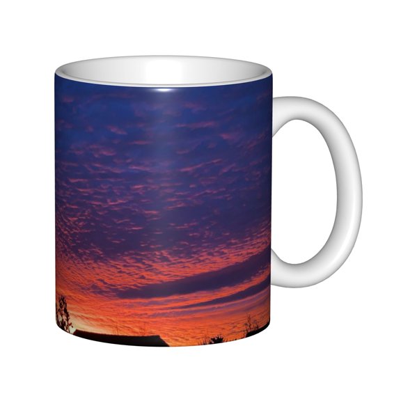 Ceramic Coffee Mug, Dramatic Rippled Cloud Sunset with Rooftop Silhouette, Vibrant Orange Purple Dusk Sky Art Tea Cup for Sunset Lovers