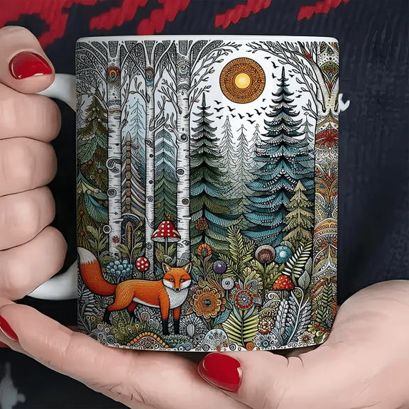 Ceramic Coffee Mug, Fox and Forest Animal Pattern, Drinkware for Home or Office