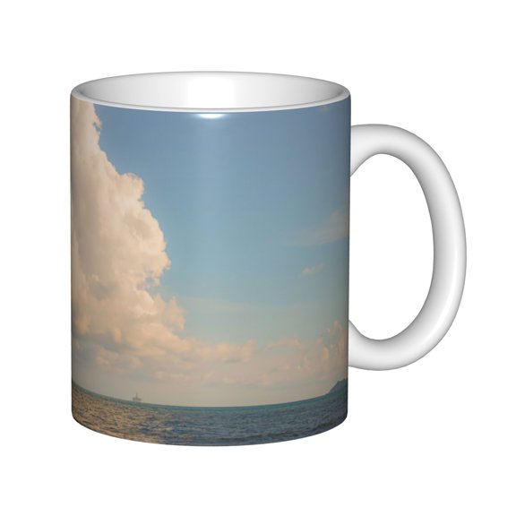 Ceramic Coffee Mug, Giant Fluffy Cumulus Cloud Over Calm Blue Ocean, Serene Coastal Seascape with Ships Art Tea Cup