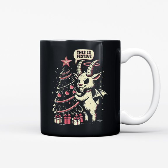 Ceramic Coffee Mug, Goat Decorating Christmas Tree with This is Festive Text, Hand Drawn Sketch Art Tea Cup