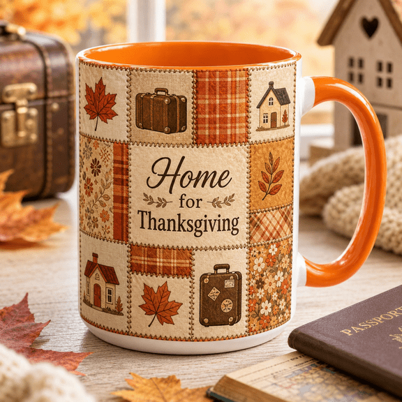 Ceramic Coffee Mug Home for Thanksgiving Fall Travel Patchwork for Morning Coffee Homecoming Gift