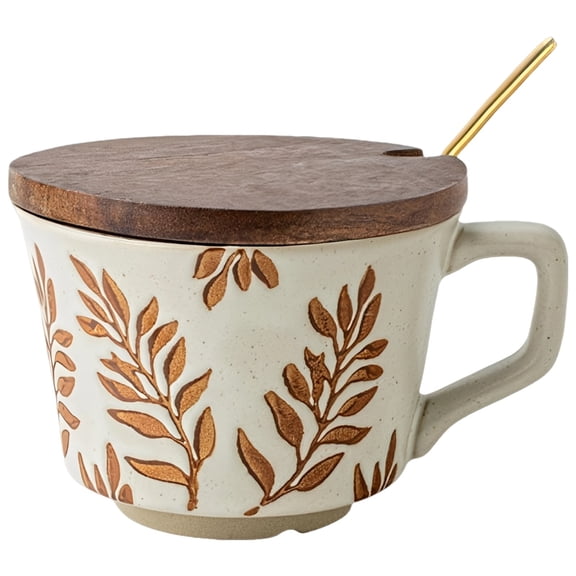 Ceramic Coffee Mug, Japanese Style Handmade Coarse Clay Cup with Wood Lid and Spoon, Brown Bean Leaf Pattern Gift Mug, 11 Oz, Wide Handle