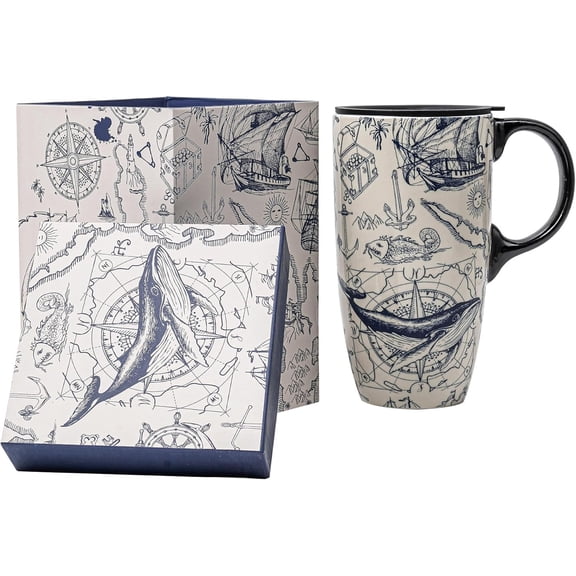 Ceramic Coffee Mug with Lid and Handle, Ceramic Travel Mug Ceramic Latte Teacup in Color Box 17 Oz, Splash Resistant Lid - To Go Tumbler for Car Cup Holder, Ocean