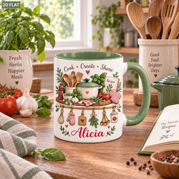 Ceramic Coffee Mug Personalized Cooking Pot Herbs Utensils Design for Home Cooks