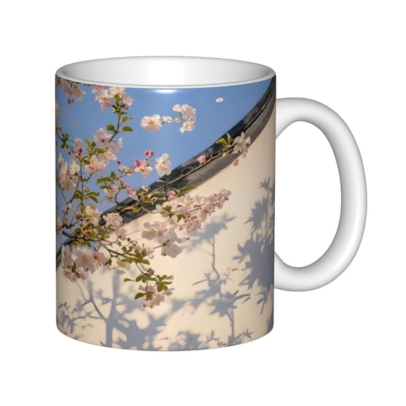 Ceramic Coffee Mug, Pink Cherry Blossom on Traditional Chinese Roof Spring Floral Scenery, Floral Art Tea Cup