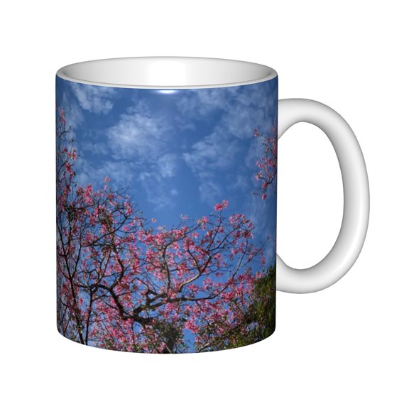 Ceramic Coffee Mug, Pink Floss Silk Tree with Blue Sky & Fluffy Clouds, Vibrant Spring Floral Tree Landscape Art Tea Cup for Nature Lovers