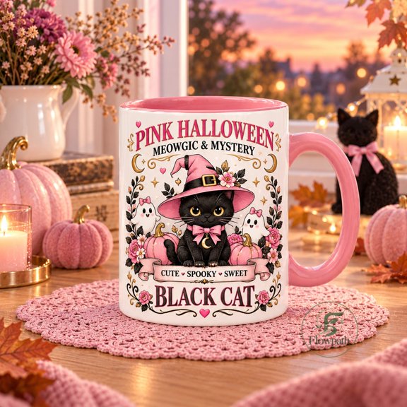 Ceramic Coffee Mug Pink Halloween Black Cat Witch Hat for Morning Drinks, Spooky Season Gift