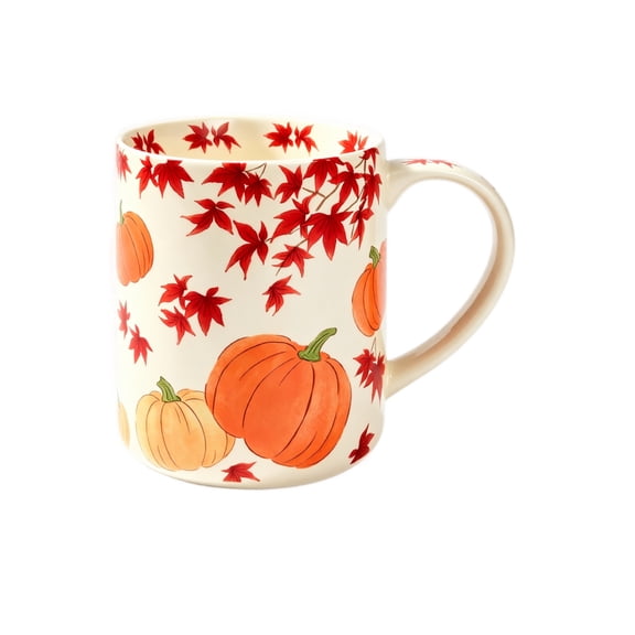 Ceramic Coffee Mug Pumpkin Maple Leaf Print Ivory Single Mug Fall Halloween Thanksgiving Home Kitchen Decor Seasonal Warm Beverage Drinkware