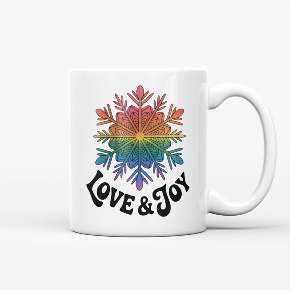 Ceramic Coffee Mug, Rainbow Snowflake with Love & Joy Text, Colorful Vector Illustration Art Tea Cup