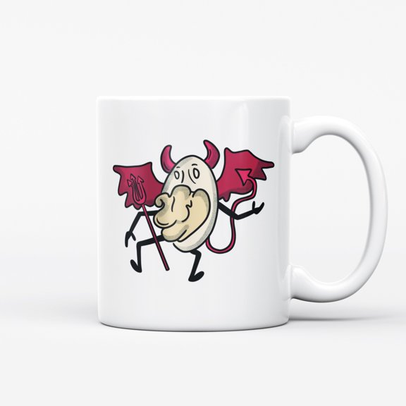 Ceramic Coffee Mug, Running Egg Character with Devil Horns and Trident, Spooky Halloween Cartoon Art Tea Cup