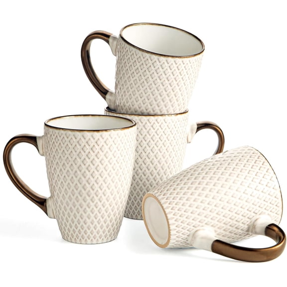 Ceramic Coffee Mug Set - 16 Oz Large Coffee Mugs - Embossed Stoneware Cups with Handle for Latte  Cappuccino Cocoa - Microwave Dishwasher Safe - Set of 4 - Square