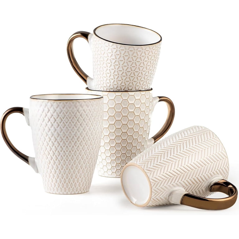 Ceramic Coffee Mug Set - 16 Oz Large Coffee Mugs - Embossed Stoneware Cups  with Handle for Latte Tea Cappuccino Cocoa - Microwave Dishwasher Safe - ...