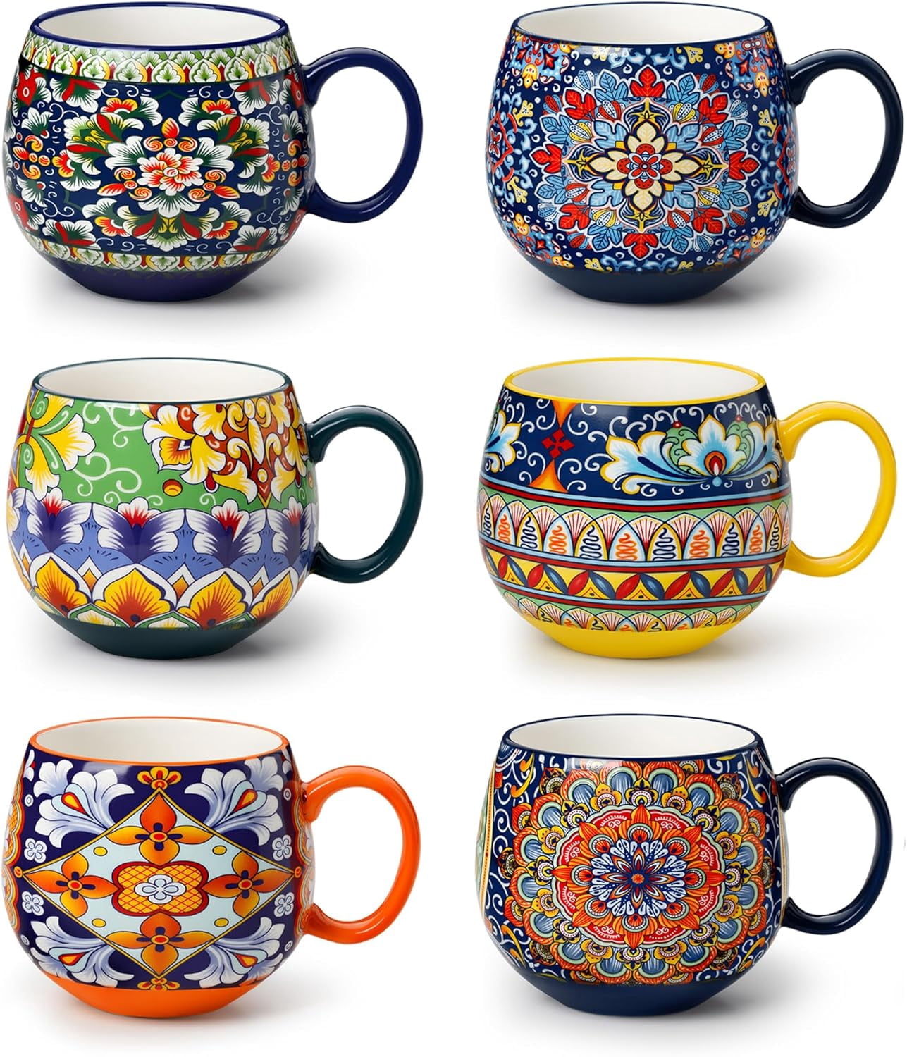Ceramic Coffee Mug Set of 6, 16oz Porcelain Cups for Cappuccino, Latte, and Espresso, Colorful Boho Mugs with Handle, Rounded Design, Dishwasher and Microwave Safe